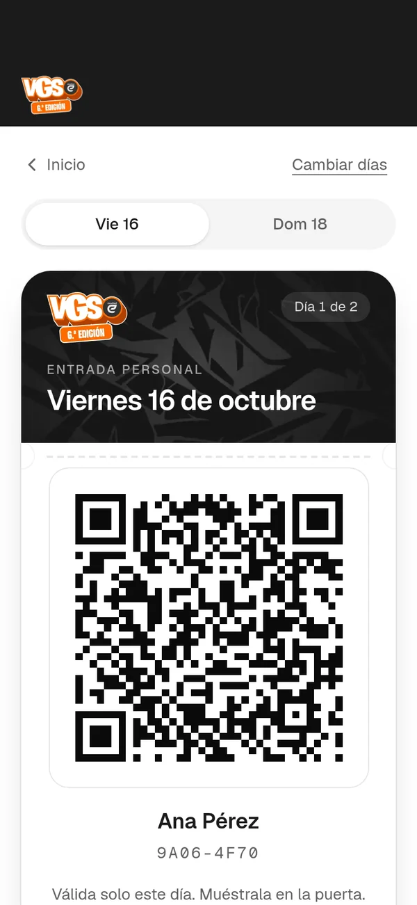 Pantalla de la entrada en la app: QR personal del viernes 16 de octubre